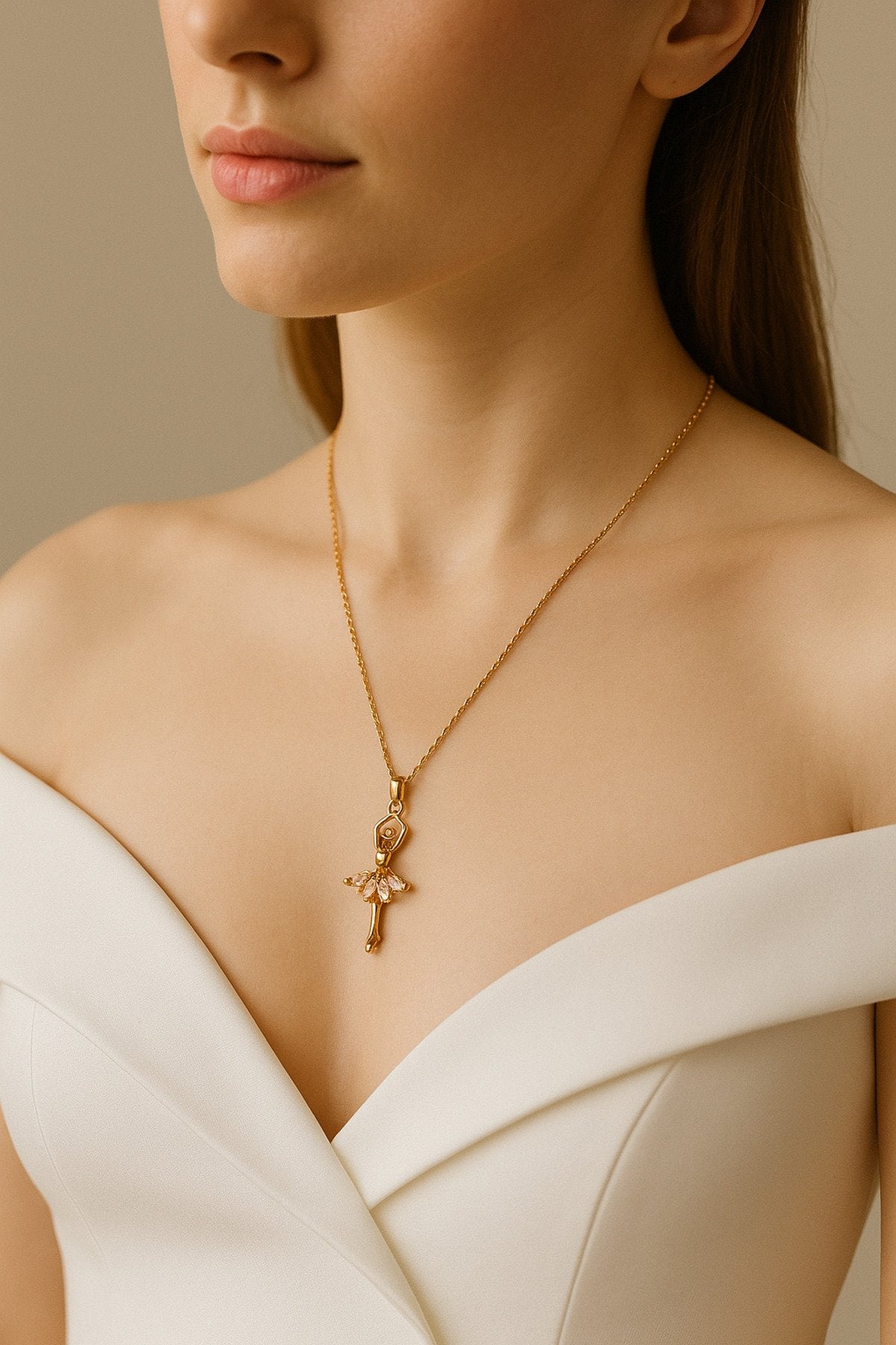 Altın Kaplama Kararmaz Çelik Balerin Kolye – Pembe Taşlı Model