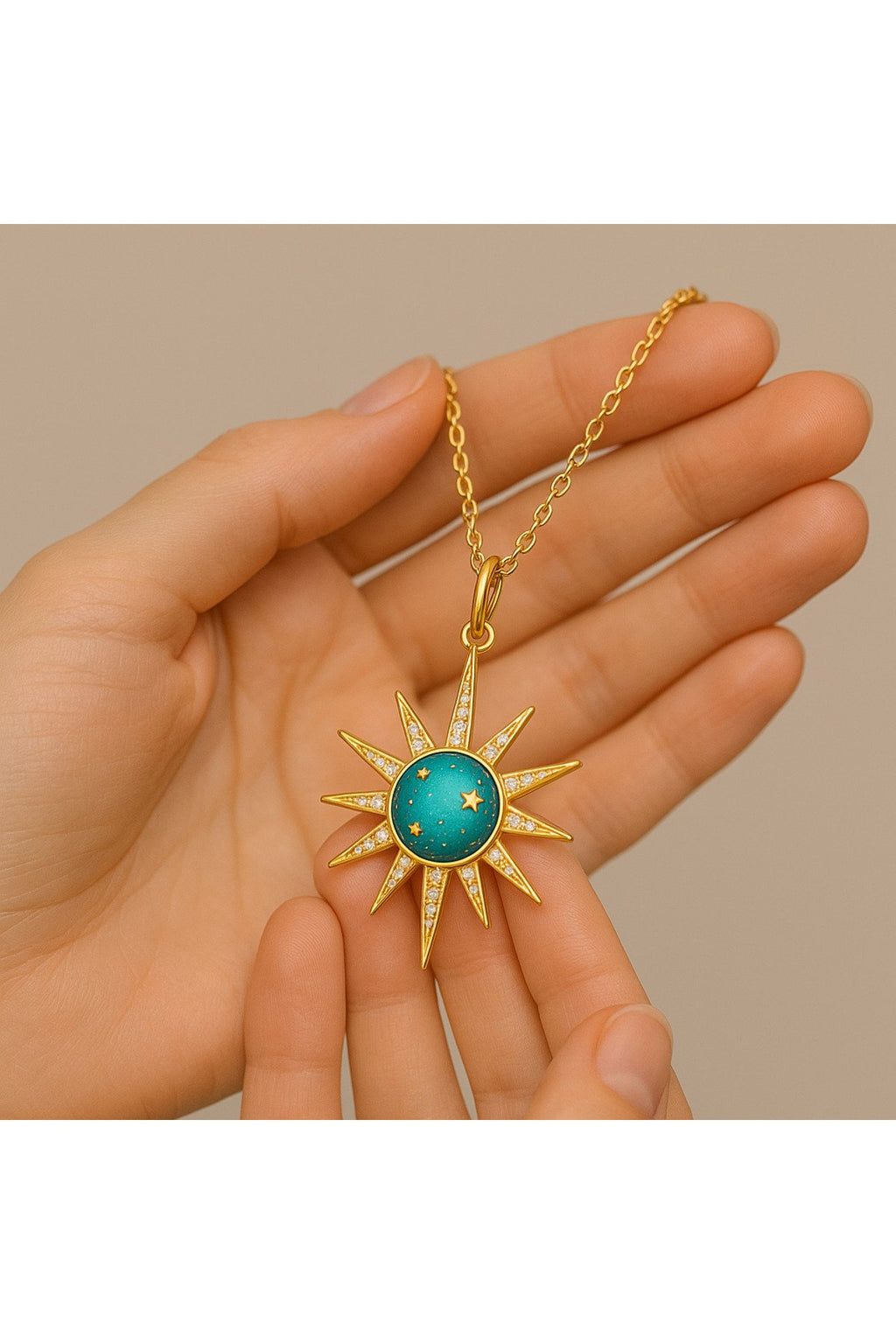 Altın Kaplama Zirkon Taşlı Çelik Güneş Kolye – Işıltının Kaynağı