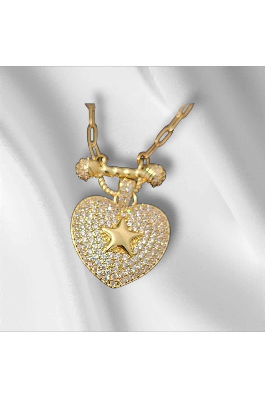 Altın Kaplama Yıldız Motifli Taşlı Kalp Figürlü Kadın Çelik Kolye