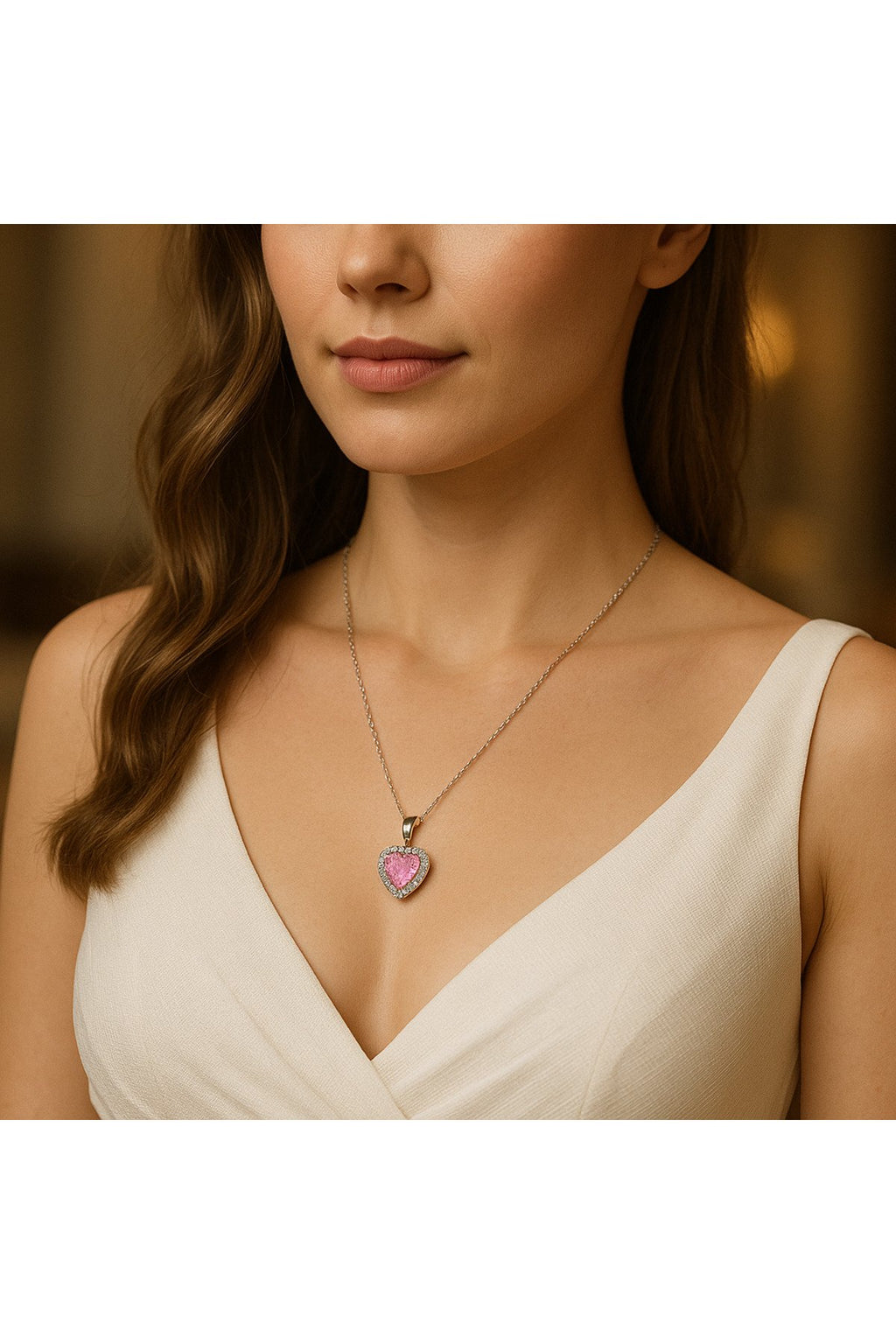 Gümüş Renk Çelik Kalpli Kolye – Pembe Zirkon Taşlı Zarif Model