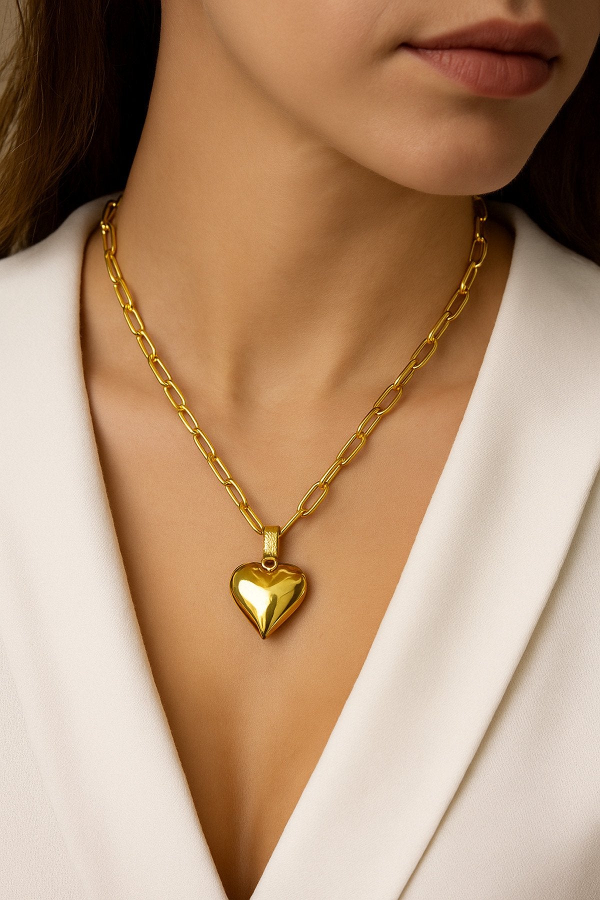 Altın Kaplama Kararmaz Çelik Kalpli Kolye – Sevgiliye & Anneye Özel Hediye