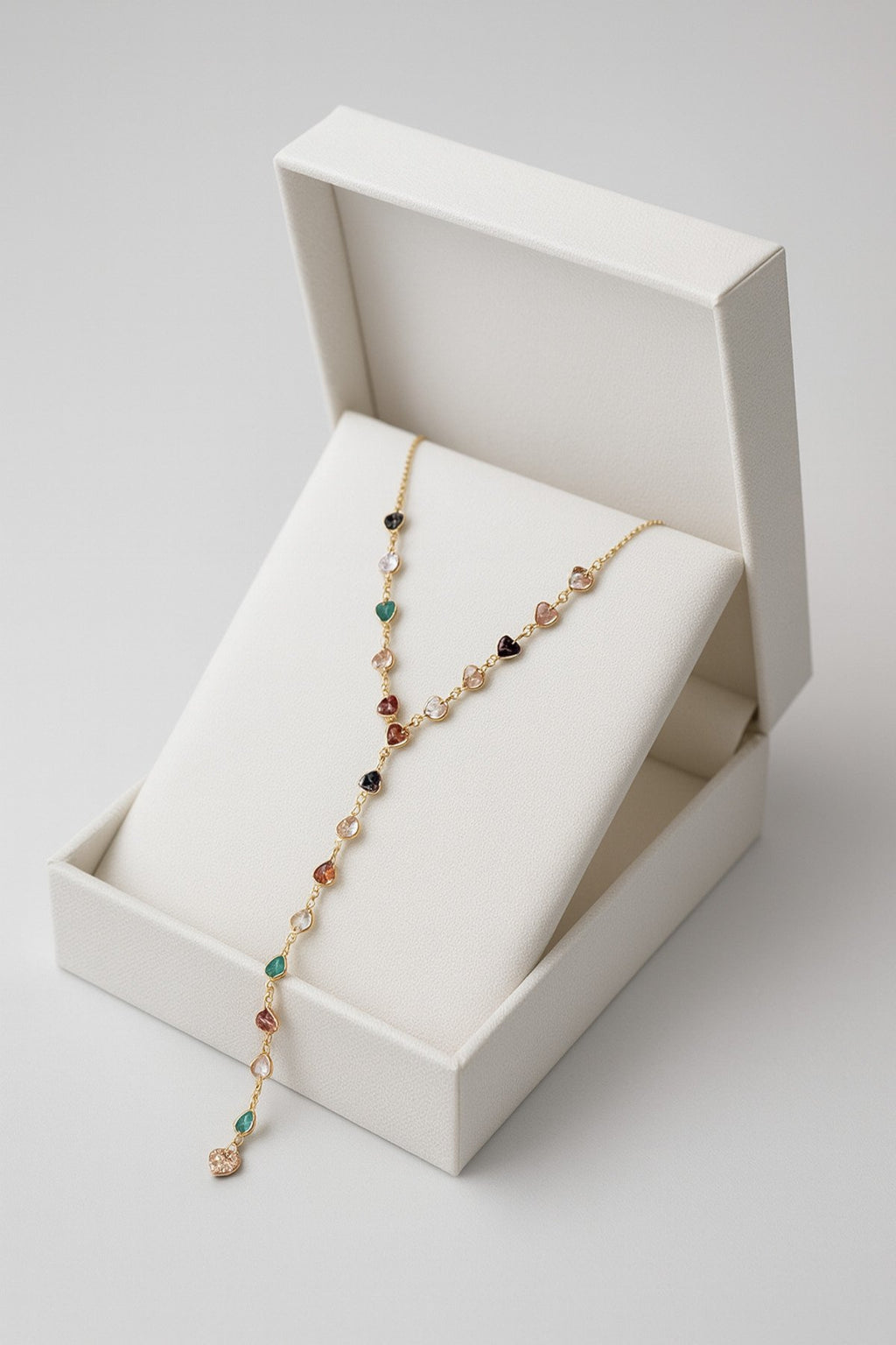 Renkli Taşlı Kalp Motifli Paslanmaz Çelik Y Kolye – Minimal & Şık