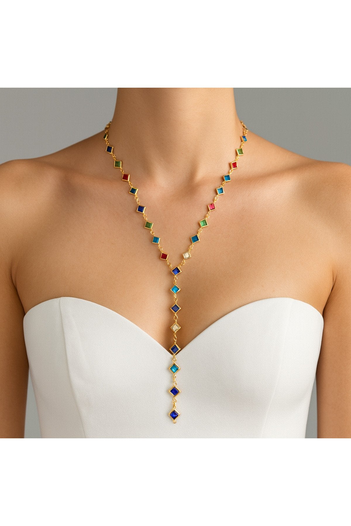 Renkli Taşlı Kare Motifli Paslanmaz Çelik Y Kolye – Minimal & Şık