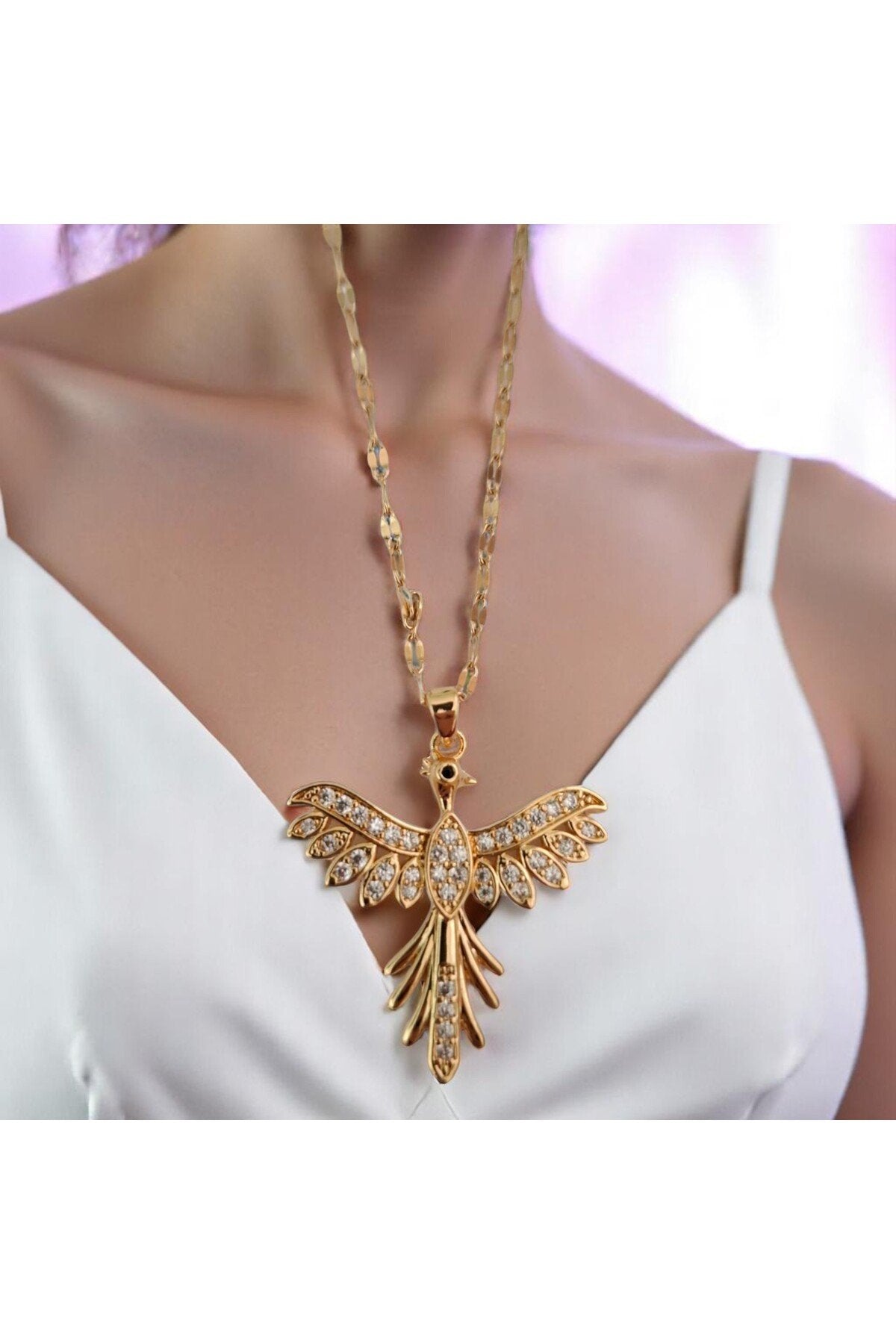 Altın Kaplama Kararmaz Çelik Anka Kuşu Kolye – Gücün, Işıltının ve Sonsuzluğun Simgesi