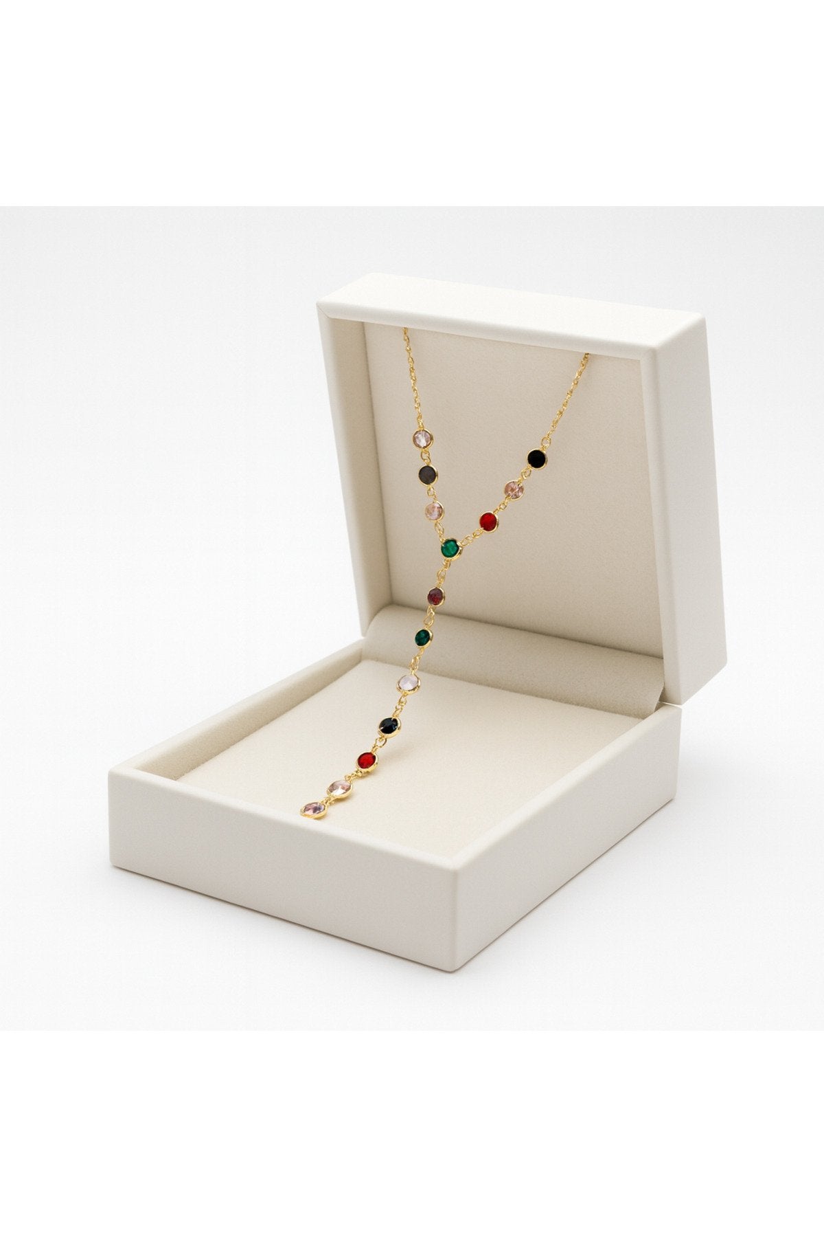 Renkli Taşlı Yuvarlak Motifli Çelik Y Kolye – Minimal & Şık